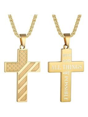 GOLD American Flag GOD Cross Necklace Men Stainless Steel Box Chain 22+2 inch